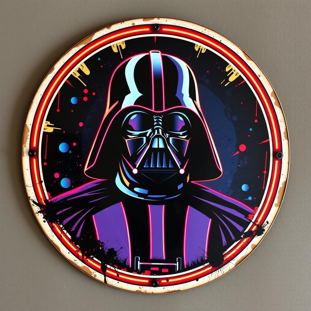 A vintage-style metal sign featuring a stylized depiction of Darth Vader, presented in vibrant neon colors