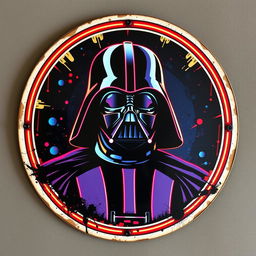 A vintage-style metal sign featuring a stylized depiction of Darth Vader, presented in vibrant neon colors