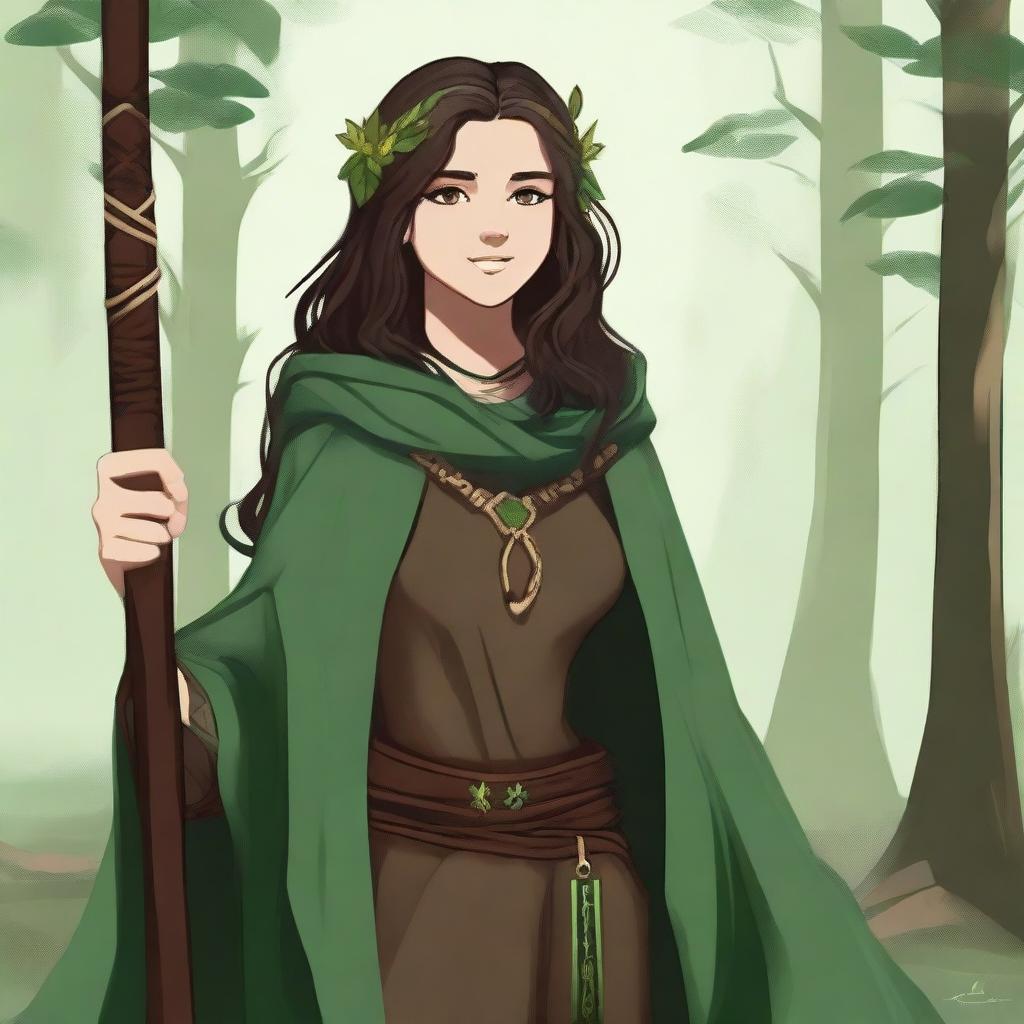 A high-quality digital art image portrays a smiling teenage female druid with long, slightly curly dark brown hair and expressive brown eyes