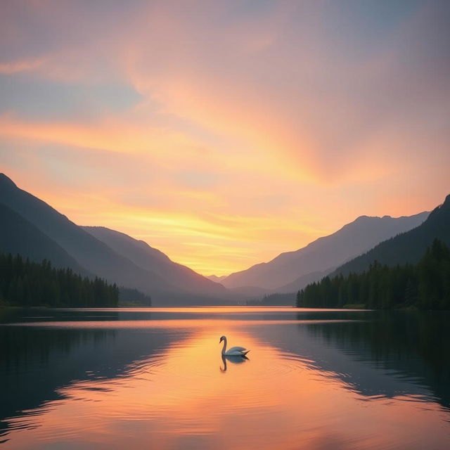 A breathtaking sunrise over a tranquil lake, surrounded by lush green forests and majestic mountains in the background