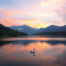 A breathtaking sunrise over a tranquil lake, surrounded by lush green forests and majestic mountains in the background