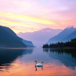 A breathtaking sunrise over a tranquil lake, surrounded by lush green forests and majestic mountains in the background