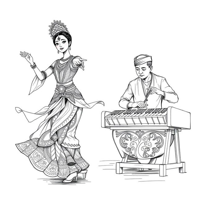 A black and white sketch illustration of a Javanese ronggeng dancer, depicted in a fluid and graceful pose, wearing a traditional ornate costume richly adorned with intricate patterns