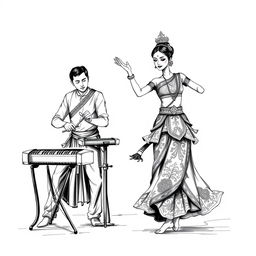 A black and white sketch illustration of a Javanese ronggeng dancer, depicted in a fluid and graceful pose, wearing a traditional ornate costume richly adorned with intricate patterns