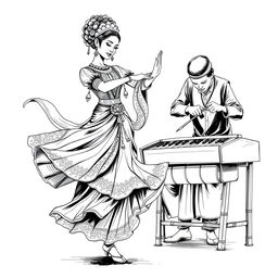 A black and white sketch illustration of a Javanese ronggeng dancer, depicted in a fluid and graceful pose, wearing a traditional ornate costume richly adorned with intricate patterns