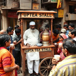A vibrant scene of a lively tea stall located on a busy neighborhood street