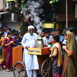 A vibrant scene of a lively tea stall located on a busy neighborhood street