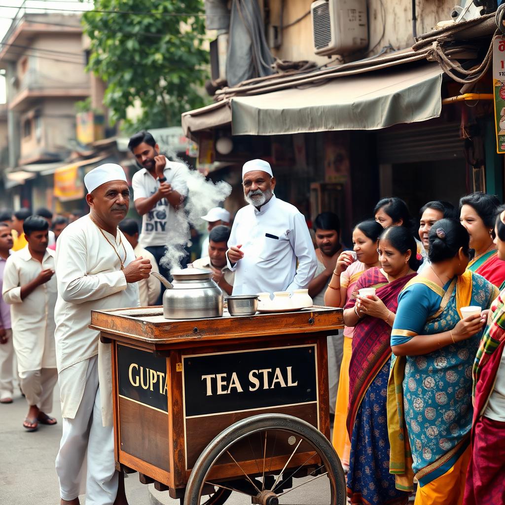 A vibrant scene of a lively tea stall located on a busy neighborhood street