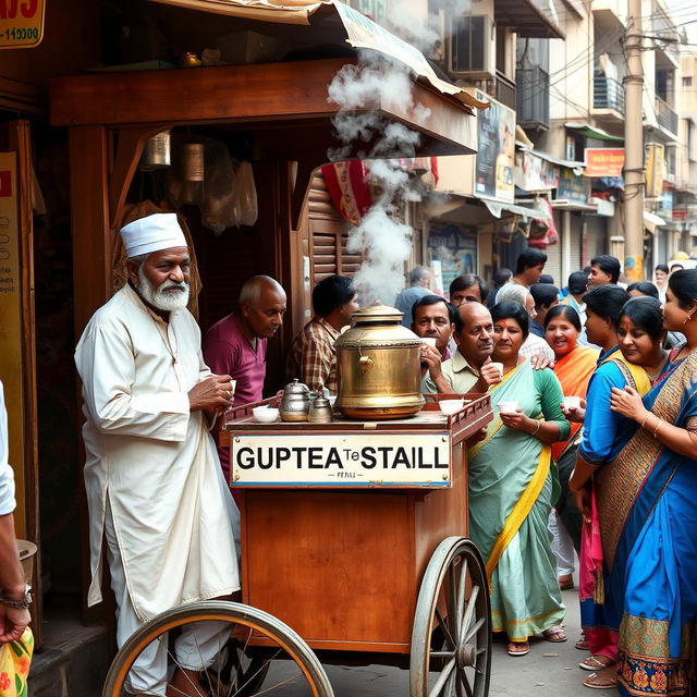 A vibrant scene of a lively tea stall located on a busy neighborhood street