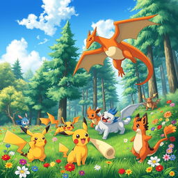 A vibrant and energetic scene featuring a group of various Pokémon in a lush green forest