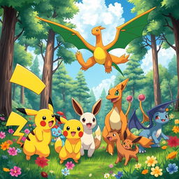 A vibrant and energetic scene featuring a group of various Pokémon in a lush green forest