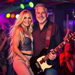 An engaging nightclub scene featuring Dayna Wynter, a 39-year-old attractive white woman, standing on stage with her arm around a handsome middle-aged guitarist