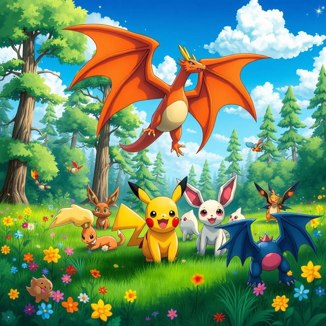 A vibrant and energetic scene featuring a group of various Pokémon in a lush green forest