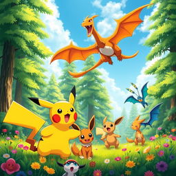 A vibrant and energetic scene featuring a group of various Pokémon in a lush green forest