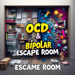 An imaginative and captivating escape room poster that blends themes of OCD (Obsessive-Compulsive Disorder) and bipolar disorder