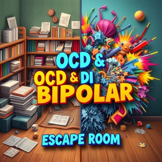 An imaginative and captivating escape room poster that blends themes of OCD (Obsessive-Compulsive Disorder) and bipolar disorder