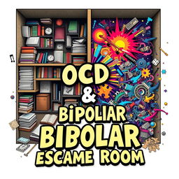 An imaginative and captivating escape room poster that blends themes of OCD (Obsessive-Compulsive Disorder) and bipolar disorder