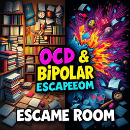 An imaginative and captivating escape room poster that blends themes of OCD (Obsessive-Compulsive Disorder) and bipolar disorder
