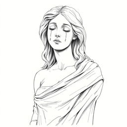 A detailed black and white illustration sketch of a full-body stone sculpture resembling a young woman
