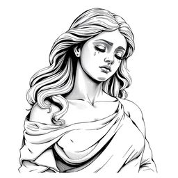 A detailed black and white illustration sketch of a full-body stone sculpture resembling a young woman