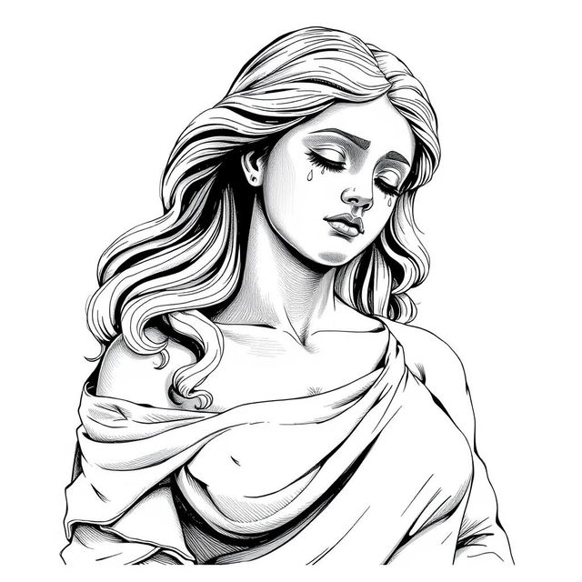 A detailed black and white illustration sketch of a full-body stone sculpture resembling a young woman