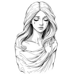 A detailed black and white illustration sketch of a full-body stone sculpture resembling a young woman