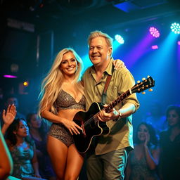 A lively nightclub scene featuring Dayna Wynter, a 39-year-old attractive white woman, with her arm around a handsome middle-aged guitarist on stage