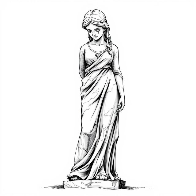 A black and white sketch illustration depicting a full-body statue carved from stone resembling a young woman