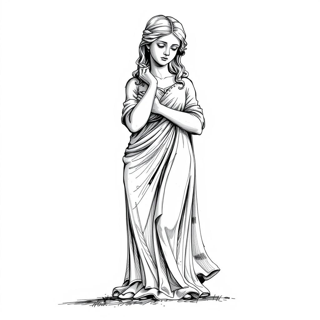 A black and white sketch illustration depicting a full-body statue carved from stone resembling a young woman