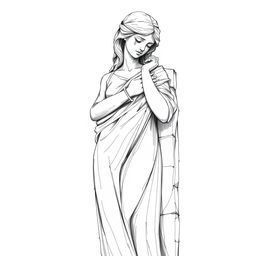 A black and white sketch illustration depicting a full-body statue carved from stone resembling a young woman