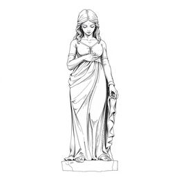 A black and white sketch illustration depicting a full-body statue carved from stone resembling a young woman