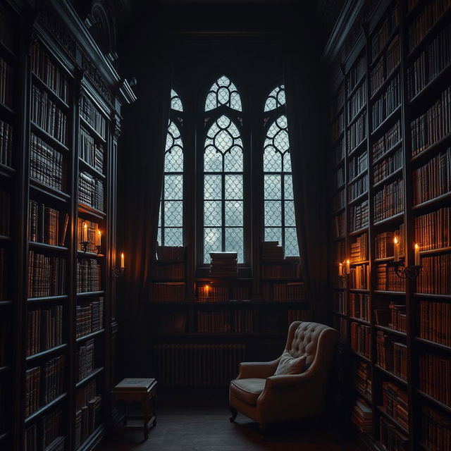 A picturesque library interior featuring tall, dark wooden shelves lined with vintage books, bathed in soft, ambient lighting