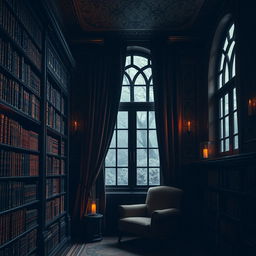 A picturesque library interior featuring tall, dark wooden shelves lined with vintage books, bathed in soft, ambient lighting