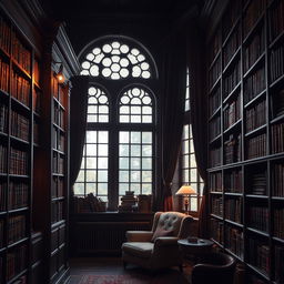 A picturesque library interior featuring tall, dark wooden shelves lined with vintage books, bathed in soft, ambient lighting