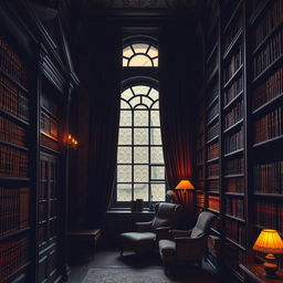 A picturesque library interior featuring tall, dark wooden shelves lined with vintage books, bathed in soft, ambient lighting