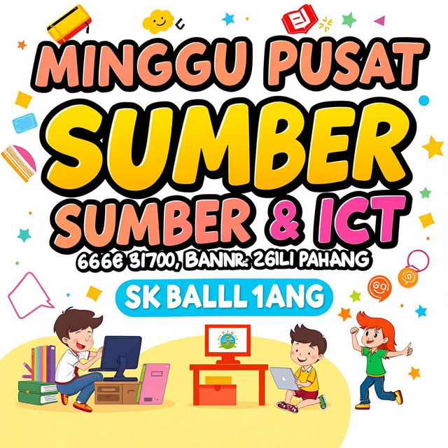 A vibrant and creative event banner measuring 2x5 inches for a school event titled 'MINGGU PUSAT SUMBER & ICT SK BALOK 26100 KUANTAN PAHANG'