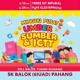 A vibrant and creative event banner measuring 2x5 inches for a school event titled 'MINGGU PUSAT SUMBER & ICT SK BALOK 26100 KUANTAN PAHANG'