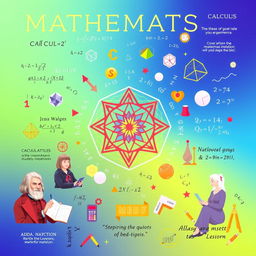 A visually engaging mathematics poster featuring vibrant and colorful illustrations of mathematical concepts such as calculus, geometry, and algebra