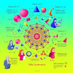 A visually engaging mathematics poster featuring vibrant and colorful illustrations of mathematical concepts such as calculus, geometry, and algebra