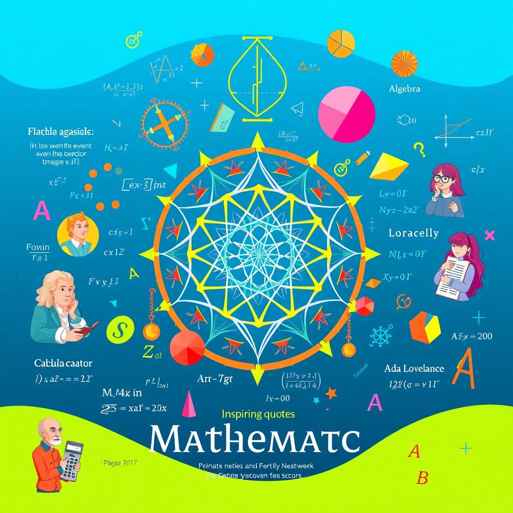 A visually engaging mathematics poster featuring vibrant and colorful illustrations of mathematical concepts such as calculus, geometry, and algebra