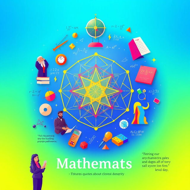 A visually engaging mathematics poster featuring vibrant and colorful illustrations of mathematical concepts such as calculus, geometry, and algebra