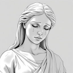 A black and white sketch illustration of a full-body stone statue resembling a young woman weeping, capturing the delicate features of her face and the sorrowful expression in her eyes