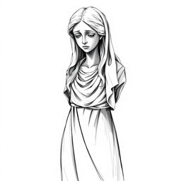 A black and white sketch illustration of a full-body stone statue resembling a young woman weeping, capturing the delicate features of her face and the sorrowful expression in her eyes