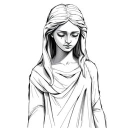 A black and white sketch illustration of a full-body stone statue resembling a young woman weeping, capturing the delicate features of her face and the sorrowful expression in her eyes