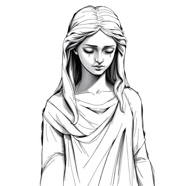 A black and white sketch illustration of a full-body stone statue resembling a young woman weeping, capturing the delicate features of her face and the sorrowful expression in her eyes