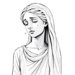 A black and white sketch illustration of a full-body stone statue resembling a young woman weeping, capturing the delicate features of her face and the sorrowful expression in her eyes