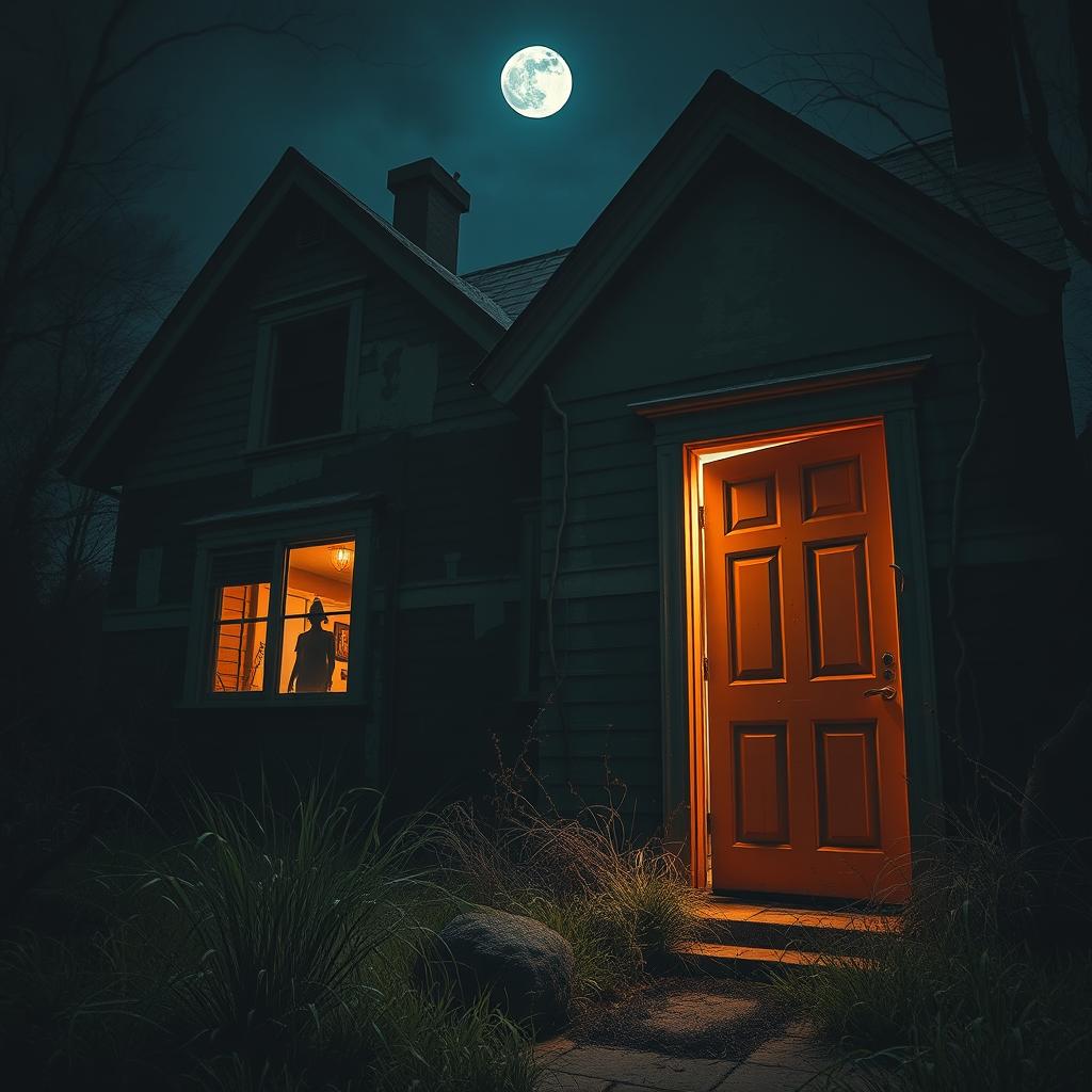 A haunted house with a light orange door, slightly ajar, inviting curiosity