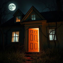 A haunted house with a light orange door, slightly ajar, inviting curiosity