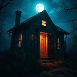 A haunted house with a light orange door, slightly ajar, inviting curiosity