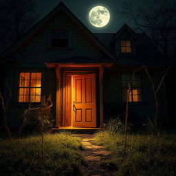 A haunted house with a light orange door, slightly ajar, inviting curiosity